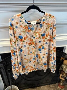 Heyson Beige Floral V-Neck Long Sleeve Blouse with Blue & Orange Flowers